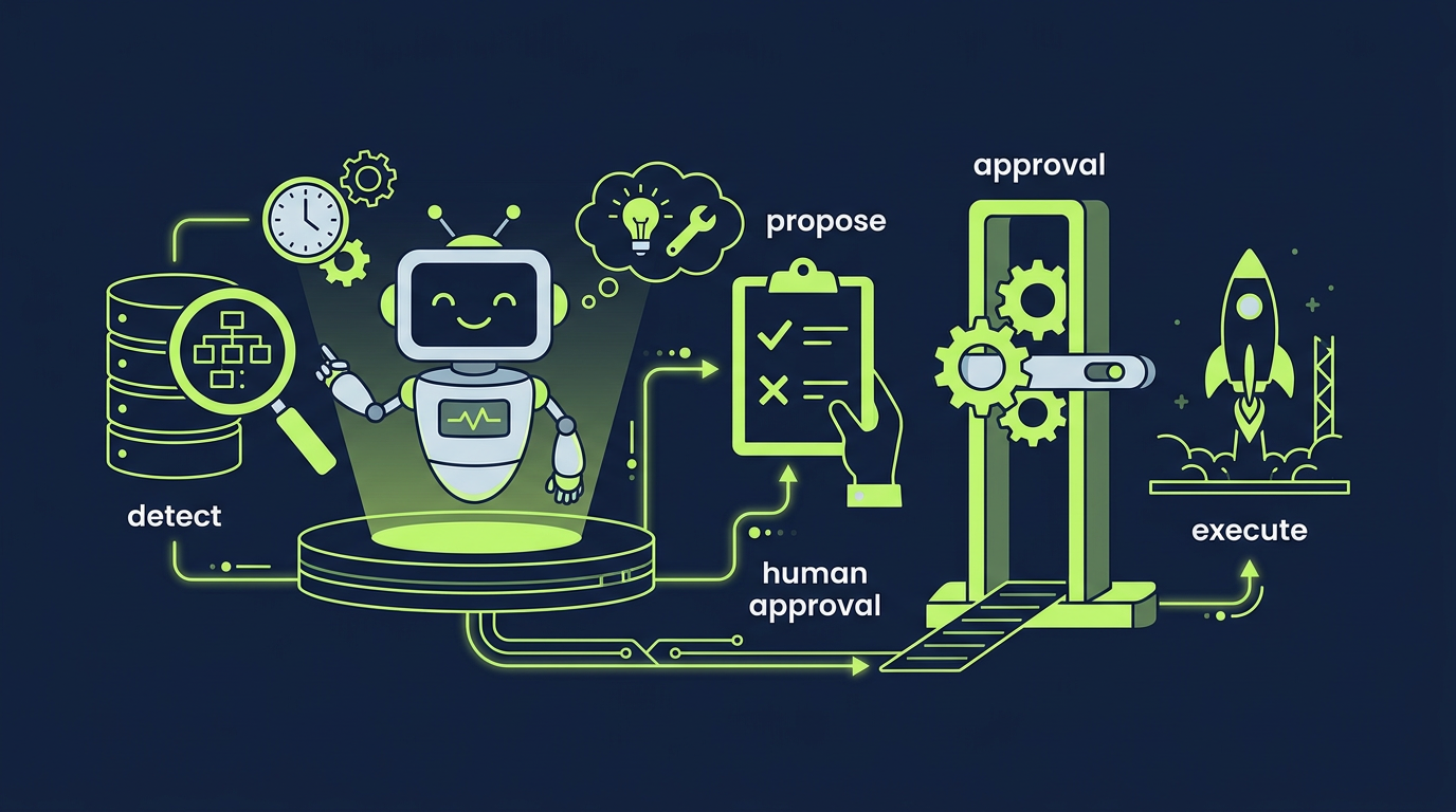 A robot moving work through detect, propose, human approval, and execute stages